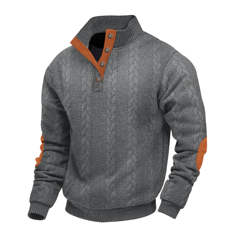 Herren nan strukturiertes Kabelstrick-Henley-Pullover mit Stehkragen und Ellbogenpatches EB