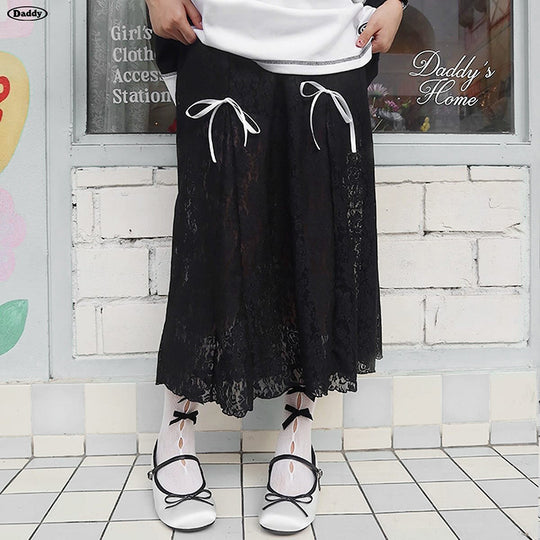 Damen eleganter Spitzenrock mit transparenten Einsätzen und raffinierten Bindebändern EB