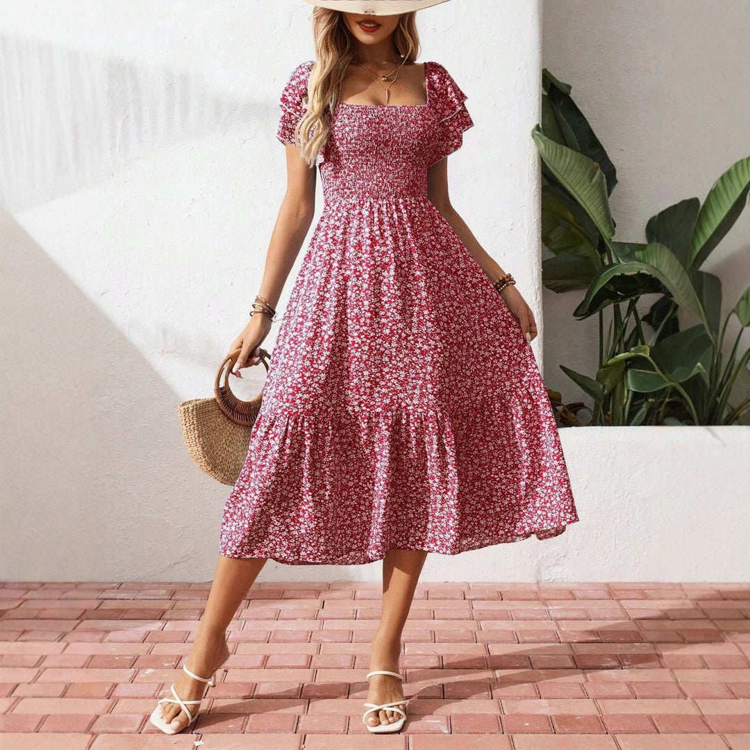 Damen Off-Shoulder Maxikleid mit floralen Mustern und elastischem Oberteil EB
