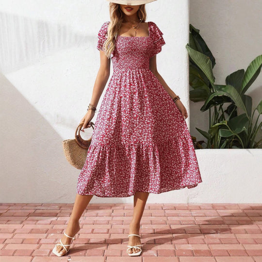Damen Off-Shoulder Maxikleid mit floralen Mustern und elastischem Oberteil EB
