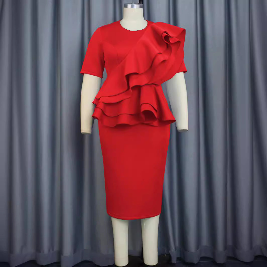Damen elegantes Rüschenkleid mit taillierter Silhouette EB