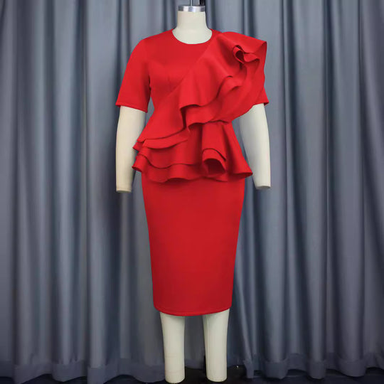 Damen elegantes Rüschenkleid mit taillierter Silhouette EB