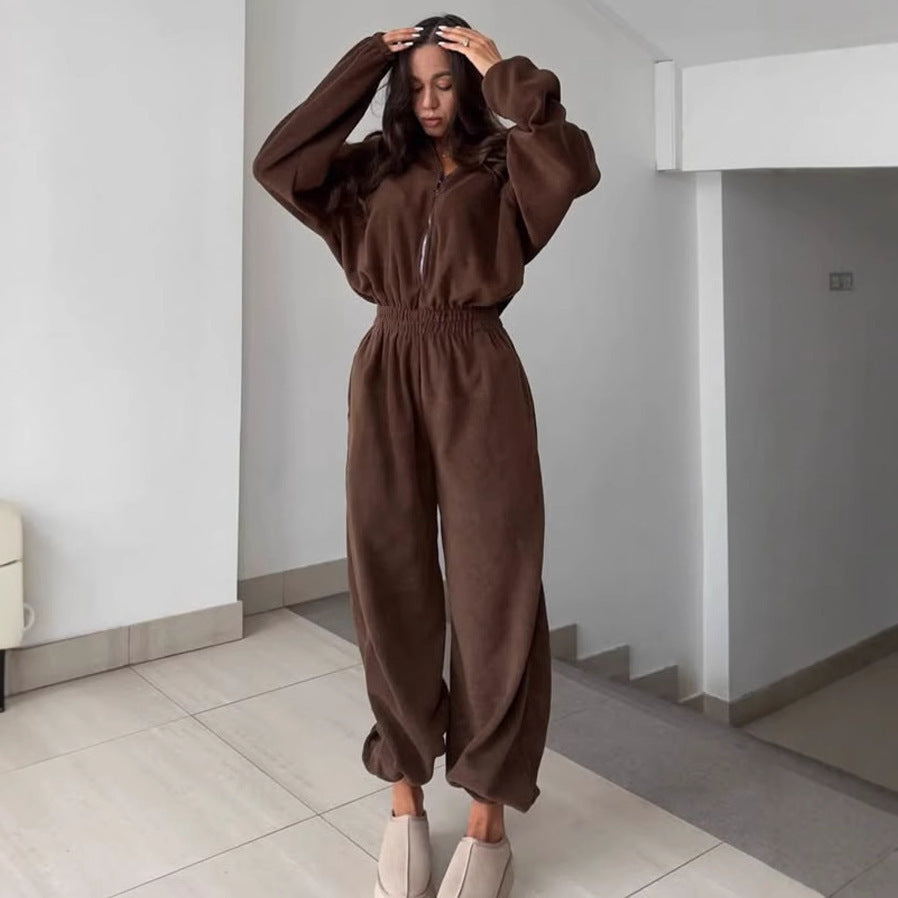 Damen kuscheliger Plüsch-Jumpsuit mit halbem Reißverschluss und elastischer Taille EB