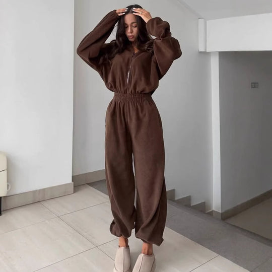 Damen kuscheliger Plüsch-Jumpsuit mit halbem Reißverschluss und elastischer Taille EB