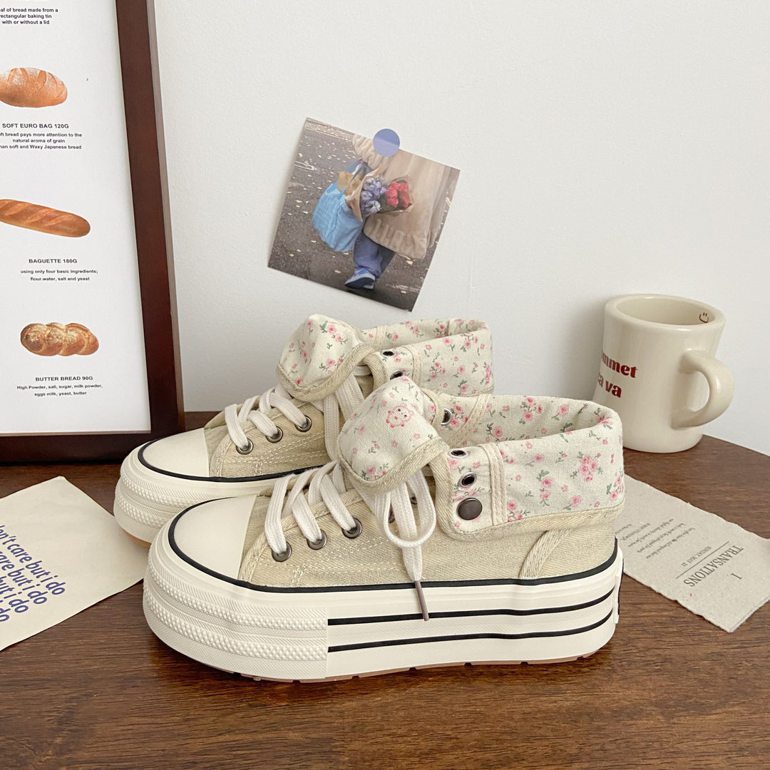 Damen Modische Plateau Sneakers mit floralem Innenfutter EB