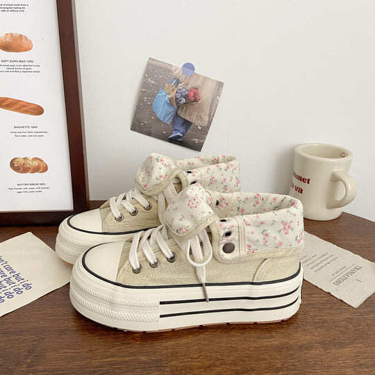 Damen Modische Plateau Sneakers mit floralem Innenfutter EB