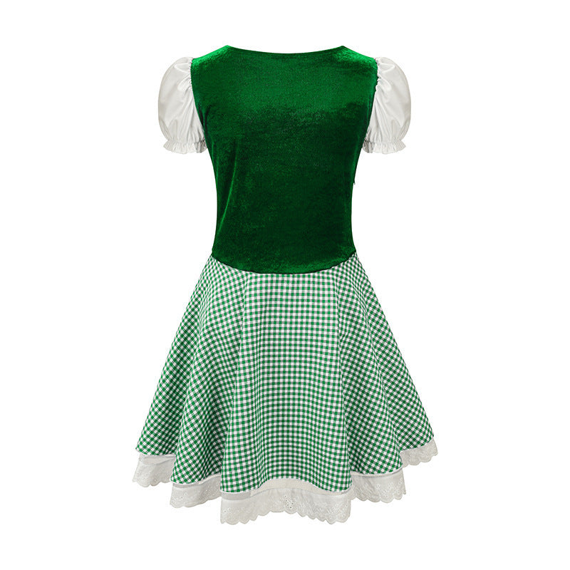 Damen nan bayerisch inspiriertes Mini-Dirndl mit geschnürtem Mieder, Puffärmeln und Vichykaro-Rock EB