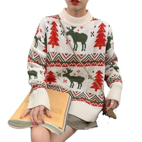 Damen Grobstrickpullover mit festlichem Rentier-Motiv und Rundhalsausschnitt EB