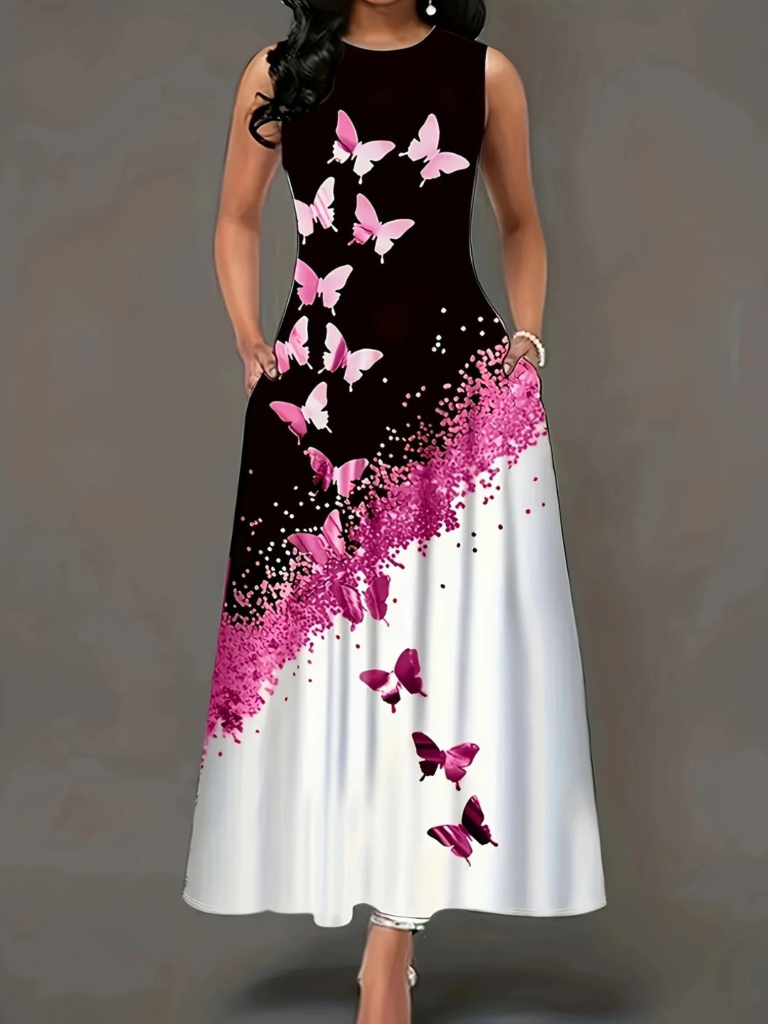 Damen Maxikleid mit elegantem Schmetterlingsdesign und praktischen Taschen EB