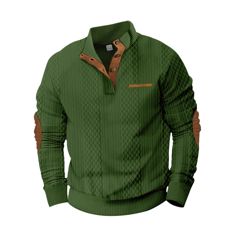 Herren Strukturiertes Kabelstrick-Sweatshirt mit Halbknopfblende, Kunstleder‑Patchtasche & Ellbogenpatches EB