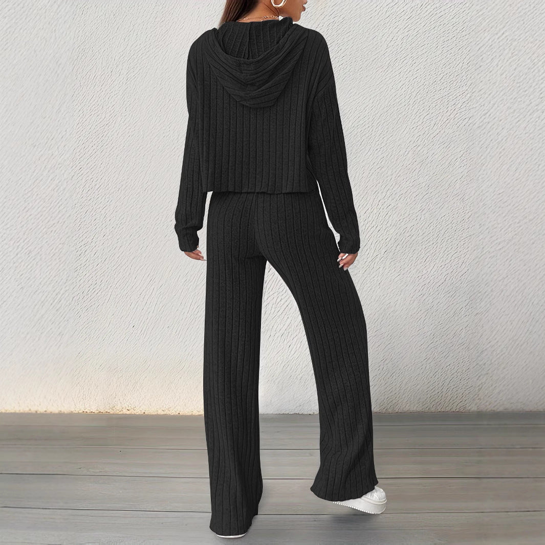 Damen lässiges Strick-Lounge-Set mit Kapuze und weitem Schnitt EB