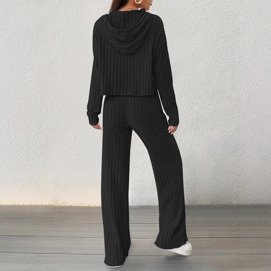 Damen lässiges Strick-Lounge-Set mit Kapuze und weitem Schnitt EB