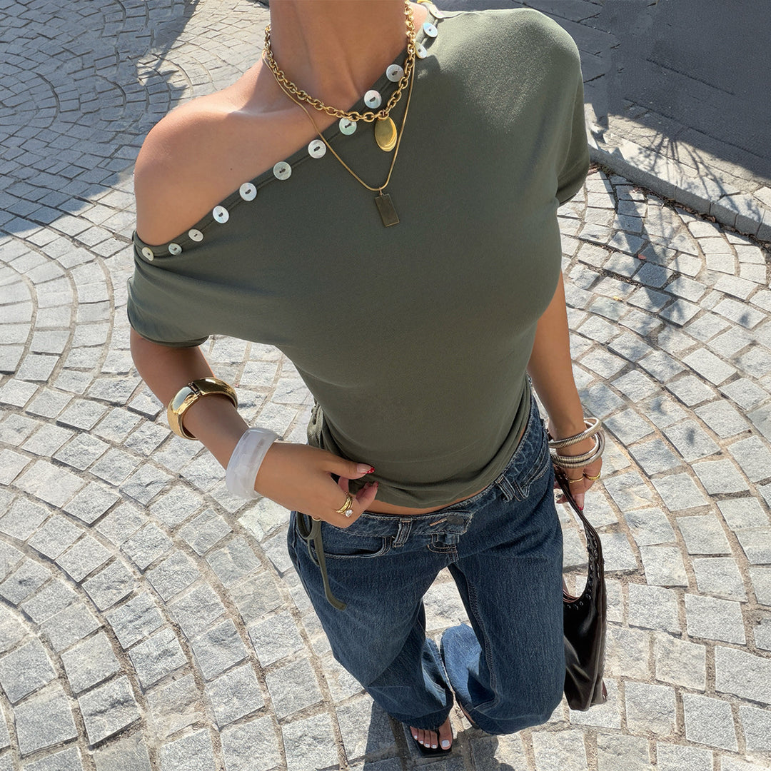 Damen Off-Shoulder Oberteil mit Rüschen und dekorativen Knöpfen EB