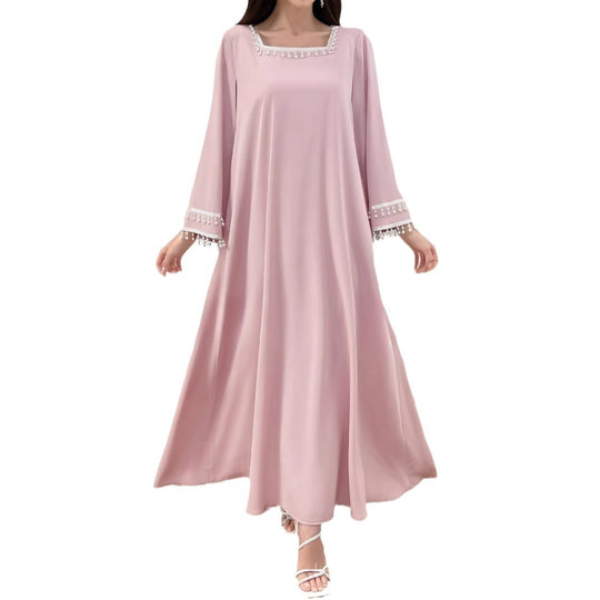 Damen Elegantes Maxikleid mit dekorativen Fransen und weiten Ärmeln EB
