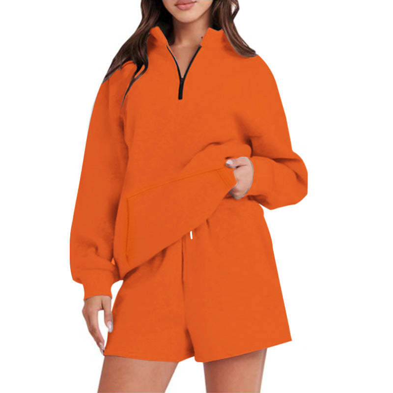 Damen Freizeit-Loungewear-Set mit halbem Reißverschluss und praktischen Taschen EB