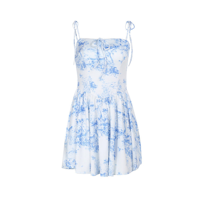 Damen verspieltes Midikleid mit Spaghetti-Trägern und floralen Motiven EB