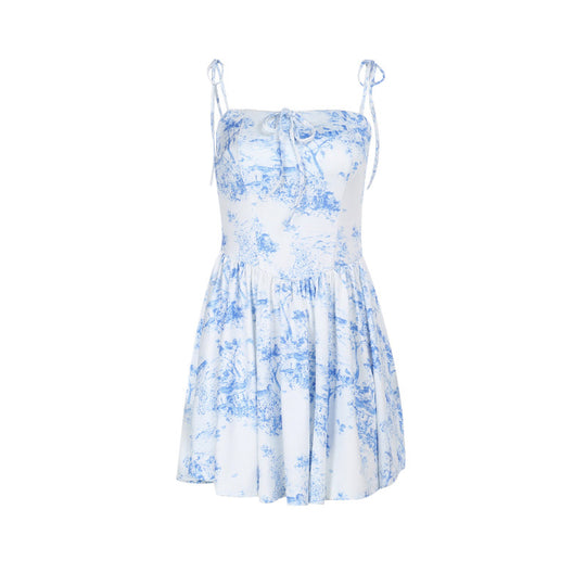 Damen verspieltes Midikleid mit Spaghetti-Trägern und floralen Motiven EB