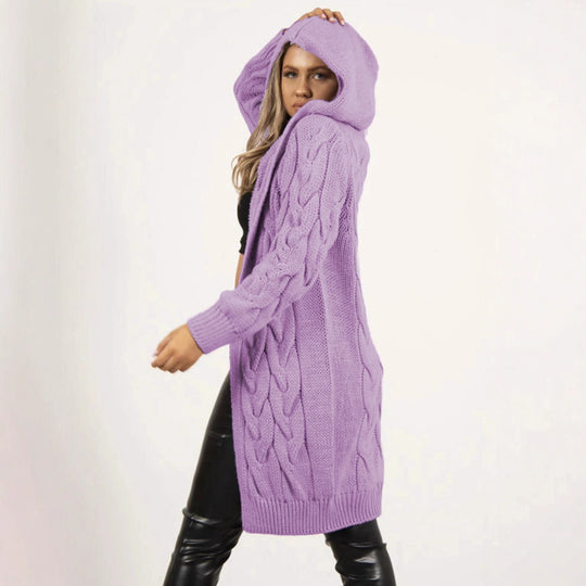 Damen Strickmantel mit Kapuze und Zopfmuster EB