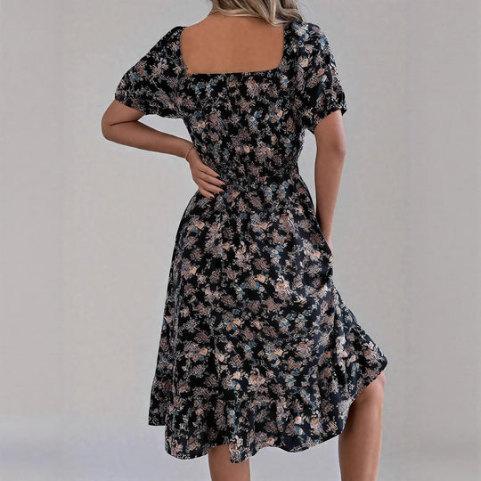 Damen sommerliches Blumenkleid mit Puffärmeln und Rüschensaum EB