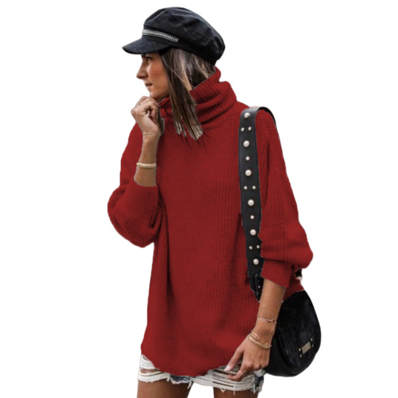 Damen oversized Strickpullover mit hohem Kragen und modischen Details EB