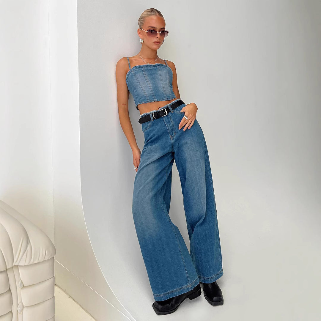 Damen nan hochgeschnittene Weitbein-Jeans mit rohem Bund, extra weitem Bein und Fünf-Taschen-Schnitt EB