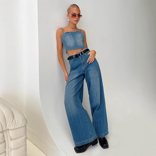 Damen nan hochgeschnittene Weitbein-Jeans mit rohem Bund, extra weitem Bein und Fünf-Taschen-Schnitt EB