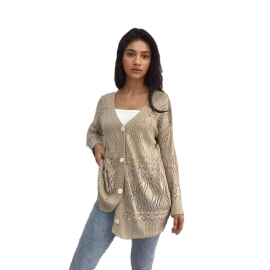 Damen Strickjacke mit feinem Lochmuster und eleganten Knopfdetails EB