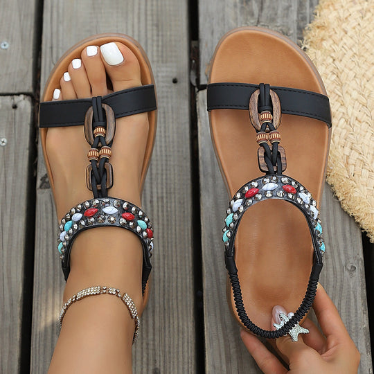 Damen modische Zehentrenner-Sandalen mit glitzernden Akzenten und elastischem Fersenriemen EB