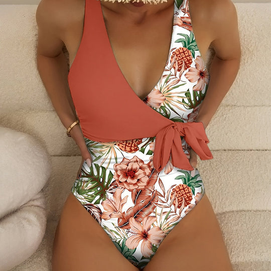 Damen Einteiler Badeanzug mit floralem Wickeldesign EB