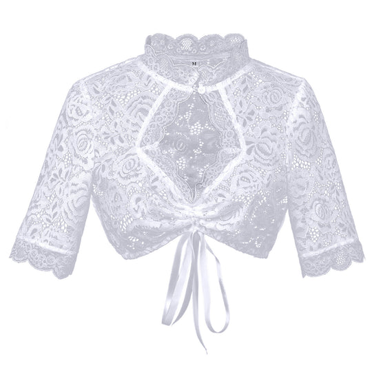 Damen nan Spitzenbolero Bluse mit Stehkragen, 3/4 Ärmeln und Bindeband EB