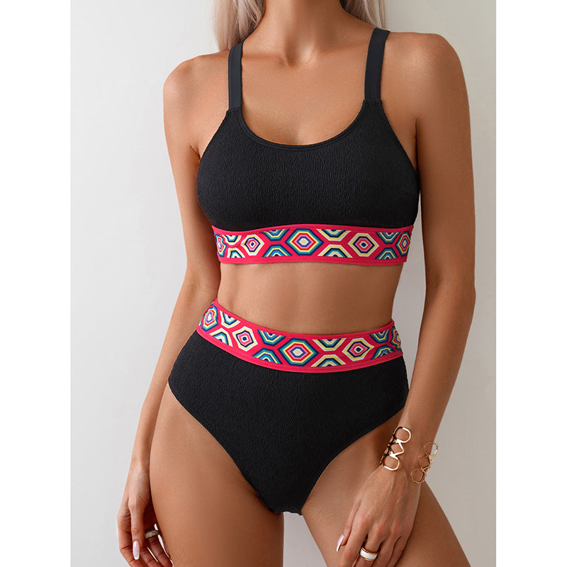 Damen Sportlicher Hochtaillen-Bikini mit buntem elastischen Bund EB