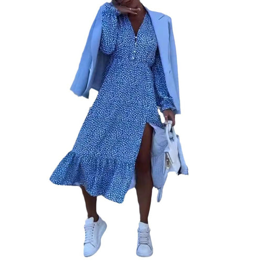 Damen nan Midikleid mit V-Ausschnitt geraffter Taillennaht langen Ärmeln Volant-Saum und seitlichem Beinschlitz EB
