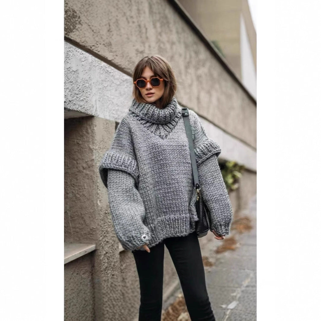 Damen Oversized Strickpullover mit hohem Kragen und voluminösen Ärmeln EB