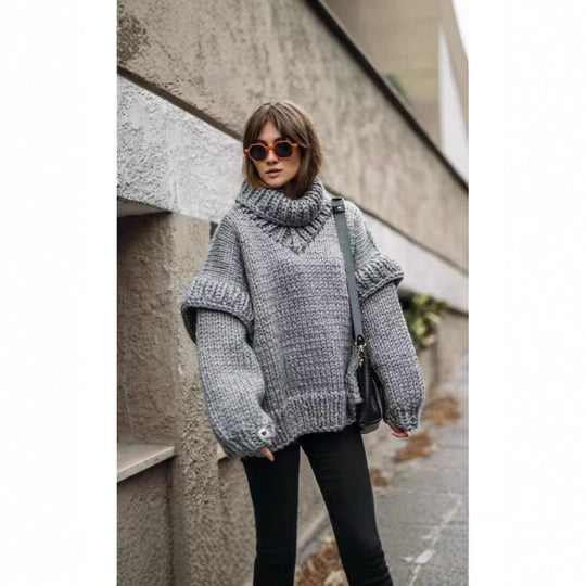 Damen Oversized Strickpullover mit hohem Kragen und voluminösen Ärmeln EB
