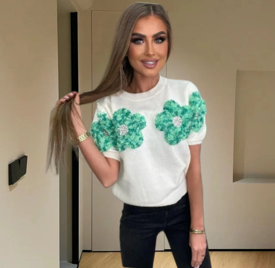 Damen Modischer Strickpullover mit floralen Applikationen EB