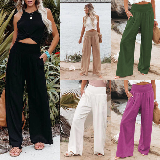 Damen Weit geschnittene Sommerhose mit elastischem Bund und eleganten Falten EB