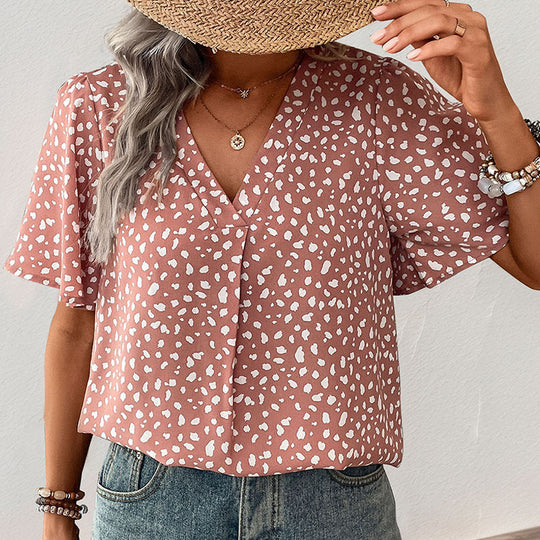 Damen V-Ausschnitt T-Shirt mit Leopardenmuster und fließendem Schnitt EB
