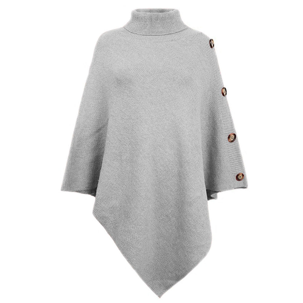 Damen nan asymmetrischer Strickponcho mit Rollkragen und dekorativer Knopfleiste EB