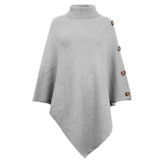 Damen nan asymmetrischer Strickponcho mit Rollkragen und dekorativer Knopfleiste EB