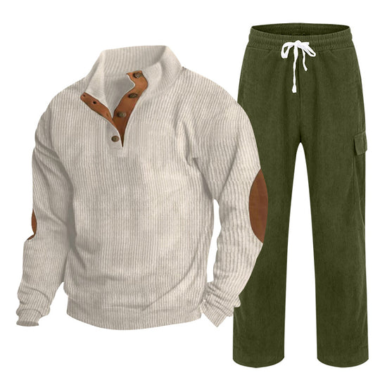 Herren nan strukturiertes Cord-Henley-Loungewear-Set mit Ellenbogenpatches und Cargo-Jogpant EB