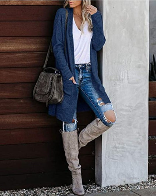 Damen Langer Strickcardigan mit lässigen Taschen und modernem Design EB