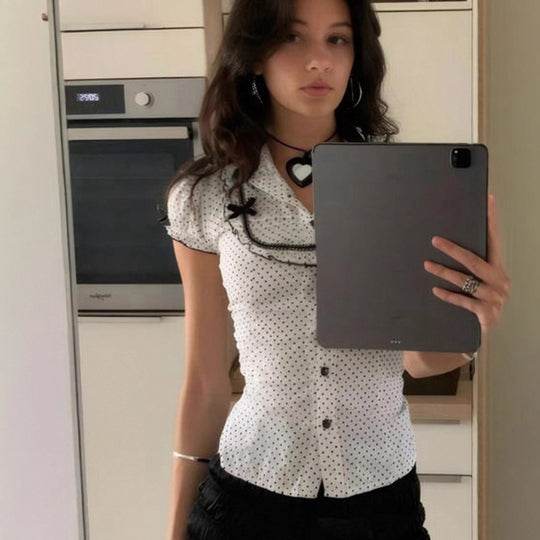 Damen Vintage Polka Dot Bluse mit Puffärmeln EB