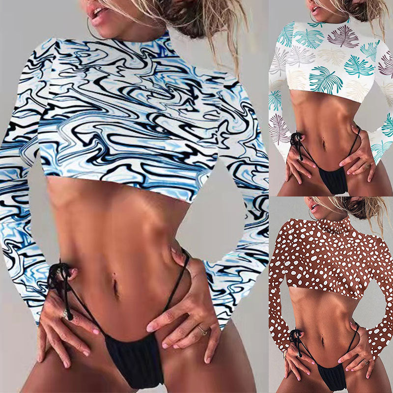 Damen Crop-Top mit langen Ärmeln und exotischem Blattmuster EB
