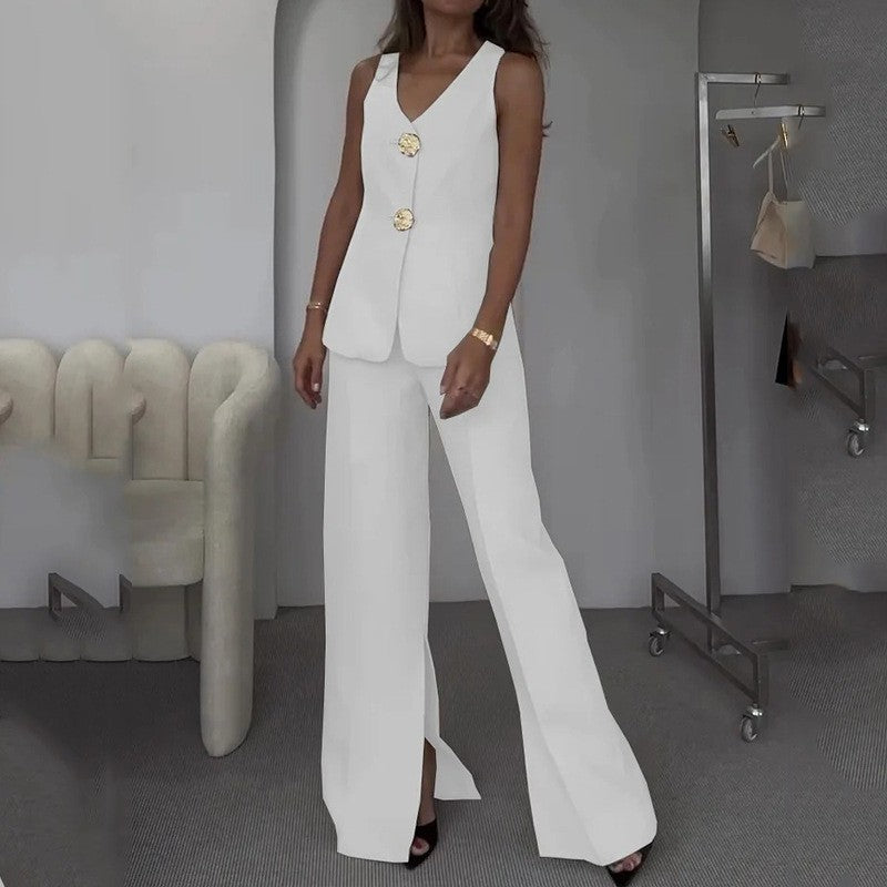 Damen elegantes Hosenanzug-Set mit tailliertem Blazer und weit geschnittenen Hosen EB