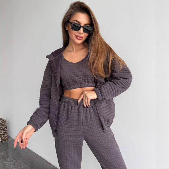Damen Gestepptes Loungewear-Set mit Reißverschluss-Kapuzenjacke, Cropped Bustier und hochtaillierter Jogginghose EB