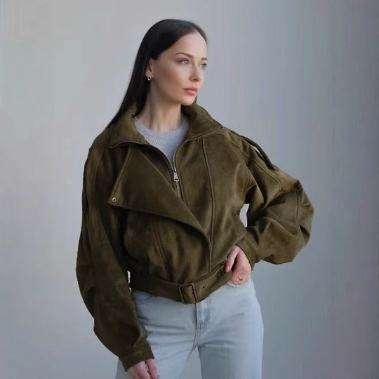 Damen Stilvolle Kurzjacke mit Gürtel und asymmetrischem Schnitt EB