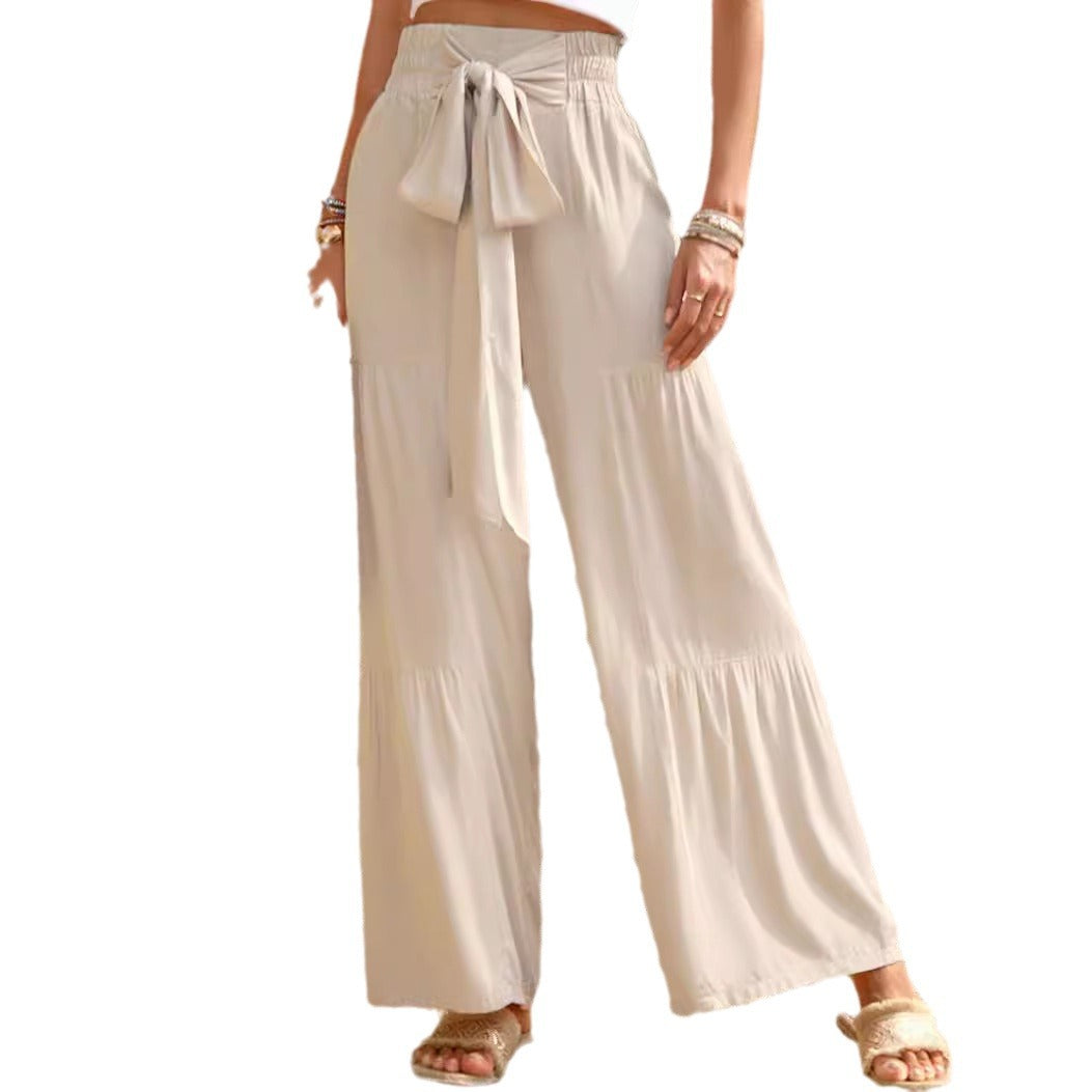 Damen weite Palazzo-Hose mit Paperbag-Bund, Stufendesign und Bindegürtel EB