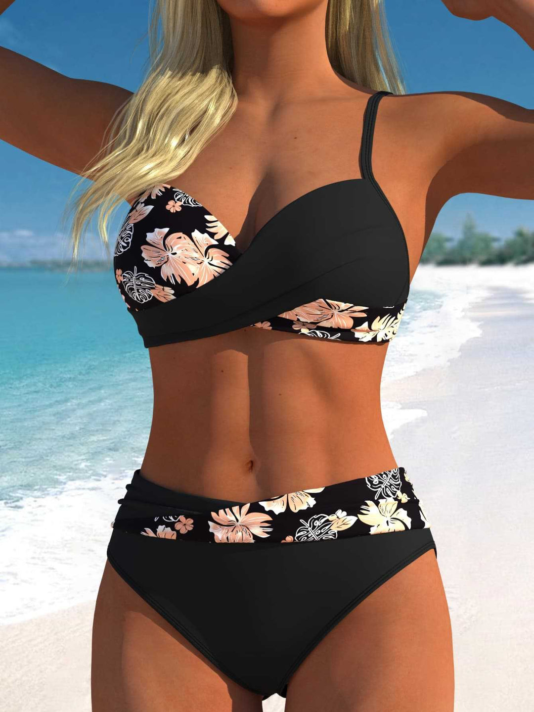 Damen Bikini-Set mit floralem Wickelmuster und bequemen High-Waist-Höschen EB