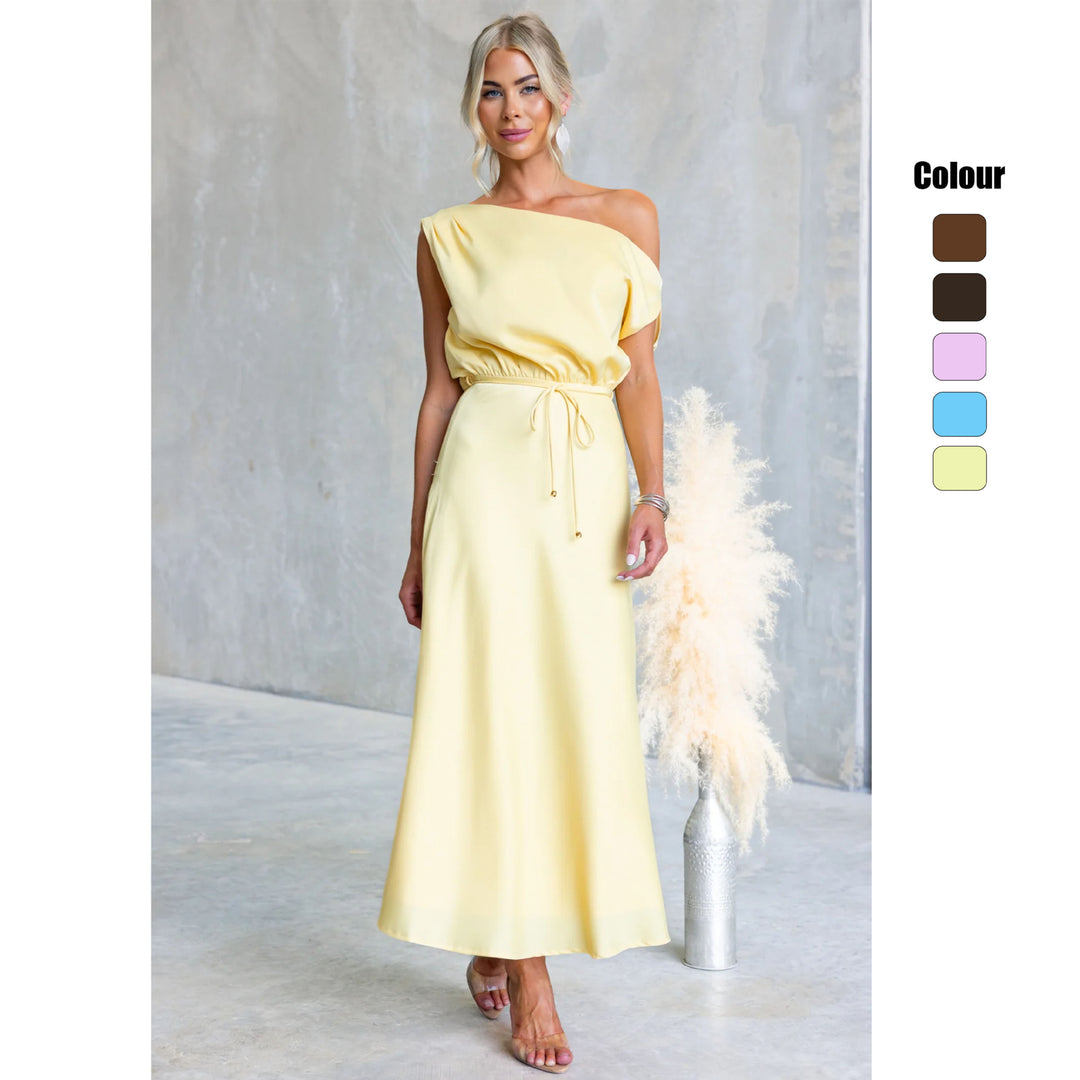 Damen Maxi-Kleid mit schulterfreiem Design und elastischem Taillenbund EB