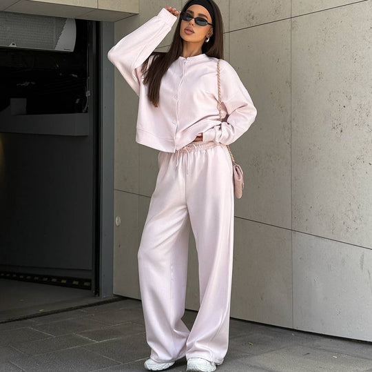 Damen Zweiteiliges Loungewear-Set mit verdeckter Druckknopf-Cardigan und weiten High-Waist Jogpants EB